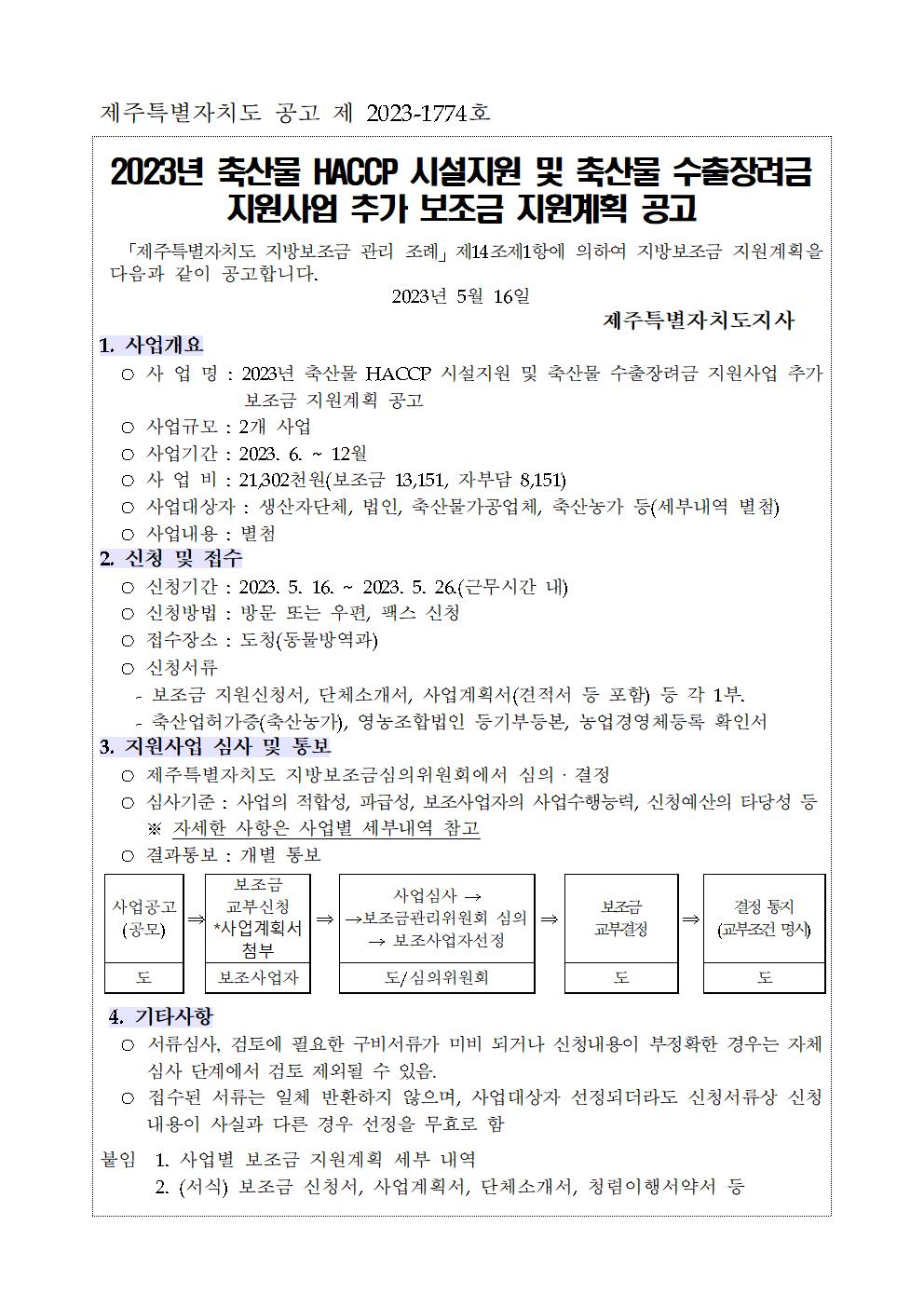 230516 2023 축산물 HACCP 시설지원 및 축산물 수출장려금 지원사업 추가 공고001