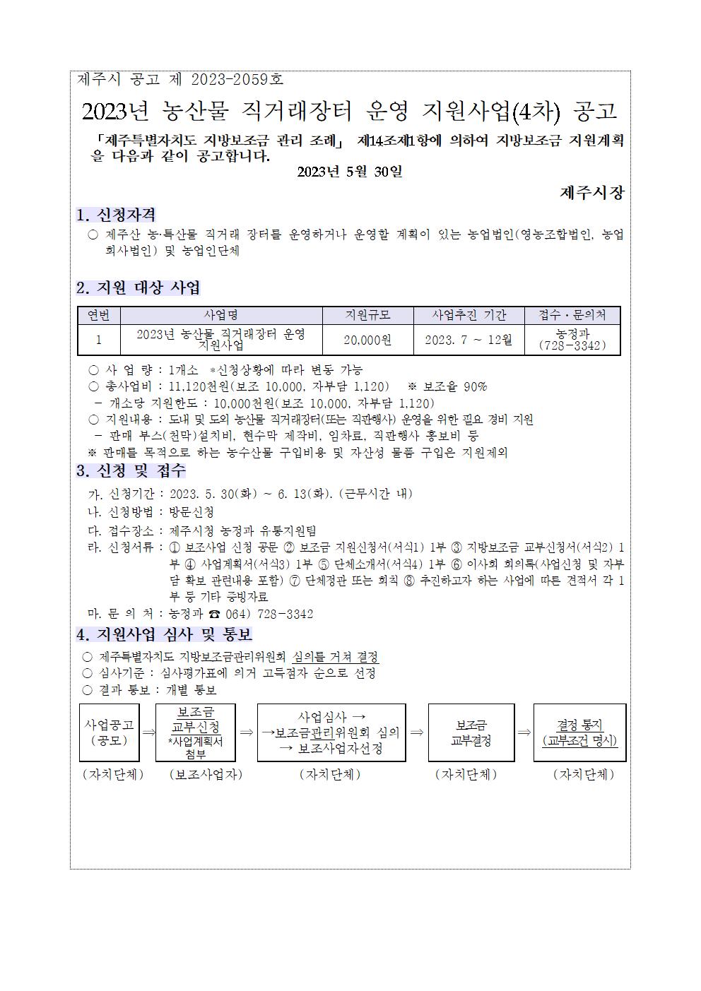 2023년 농산물 직거래장터 운영 지원사업 추진계획(안) 4차공고001