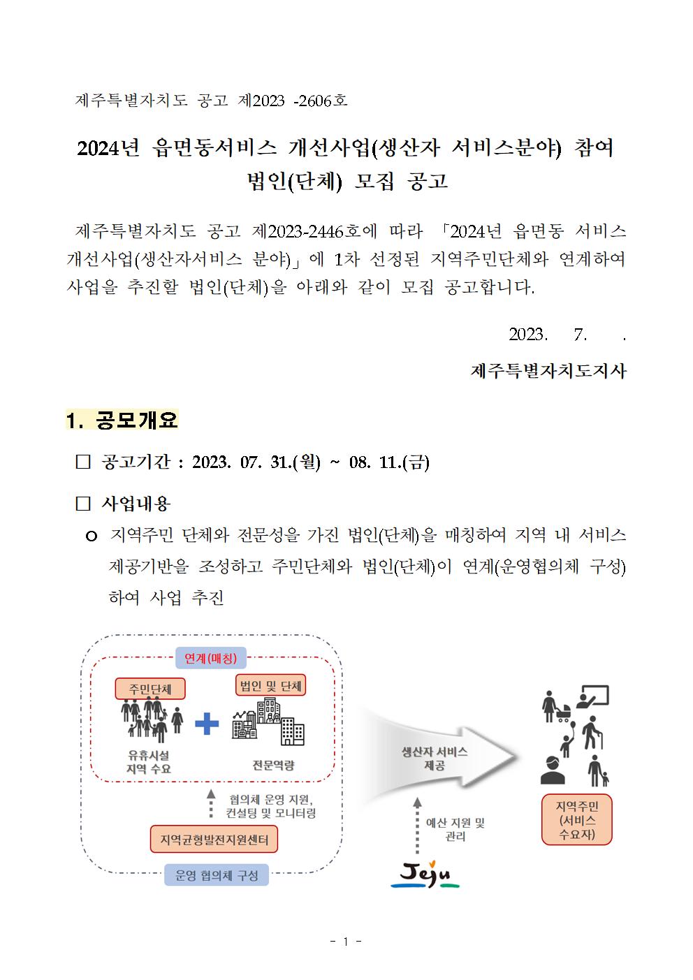 2024년 읍면동 서비스 개선 사업(생산자 서비스 분야) 참여 법인(단체) 모집 공고(공고문)001