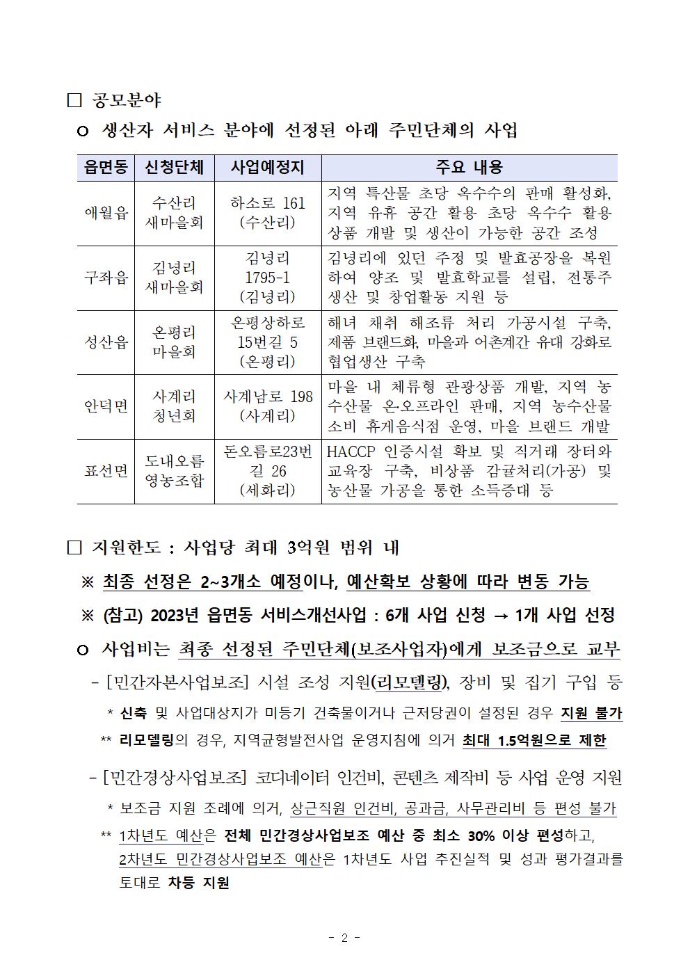 2024년 읍면동 서비스 개선 사업(생산자 서비스 분야) 참여 법인(단체) 모집 공고(공고문)002