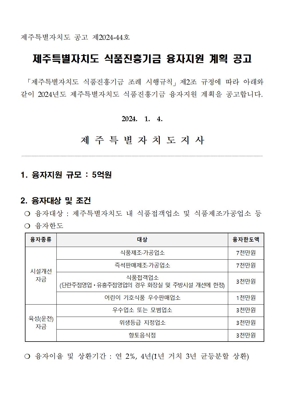 2024 식품진흥기금 융자지원 계획 공고001